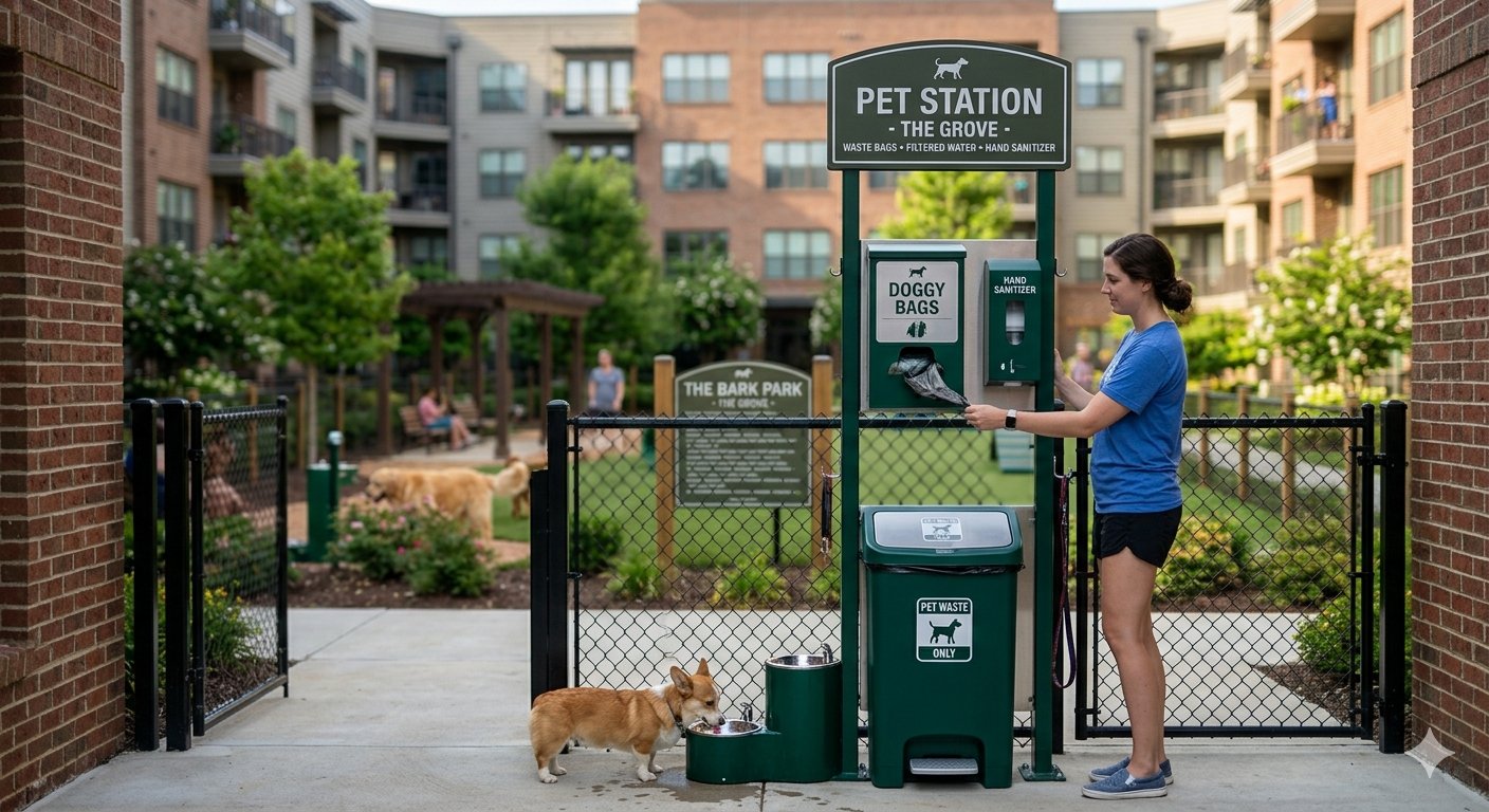 Pet waste station installation and maintenance at an apartment complex dog park